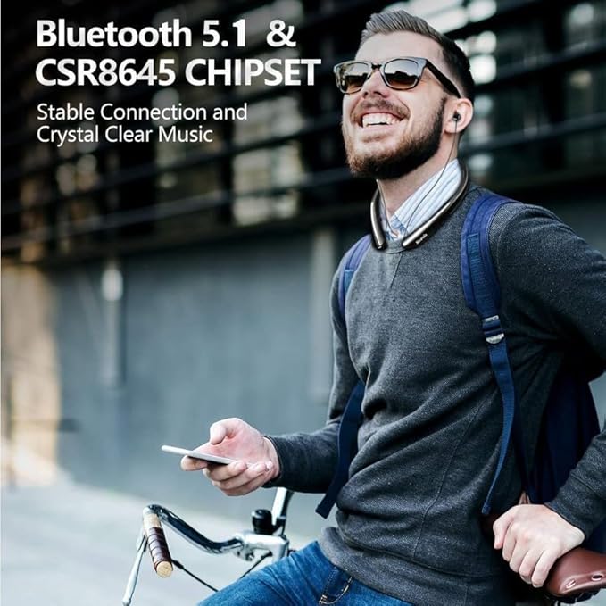 Neckband Bluetooth Headphones, 24H Battery with Auto-Retractable in-Ear Earbuds, HiFi Stereo Sound & Hybrid Active Noise Cancelling for Sports, Gym, Running, Workout, Hands-Free Calling（Blue）