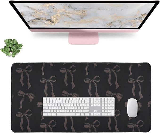 Black Desk Mat with Bows, Large Black Bow Mouse Pad Computer Mat Non-Slip Rubber Base, Cute Keyboard Mat Bow Desk Accessories Office Decor, Stitched Edge Girly Desk Pad for Girls, Women 23.6 x 11.8 in