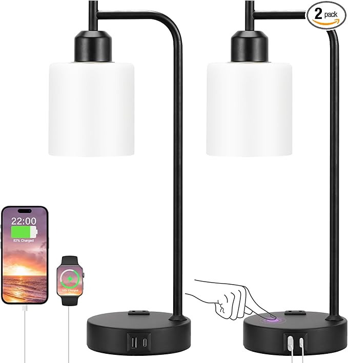 Industrial Touch Bedside Lamps for Bedrooms Set of 2 - 3-Way Dimmable Nightstand Lamps with USB C+A Ports and Outlet, Table Lamps with Opal Glass Shade for Living Room, Desk Lamps for Home Office