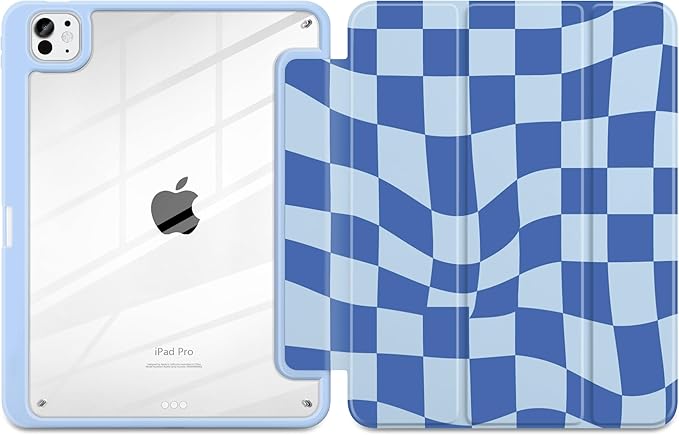 TWOLSKOO Case for iPad Pro 11-inch (M5 2025 / M4 2024), Clear Acrylic Back with TPU Bumper, Pencil Holder, Trifold Stand, Auto Sleep/Wake, Blue Wavy Checker