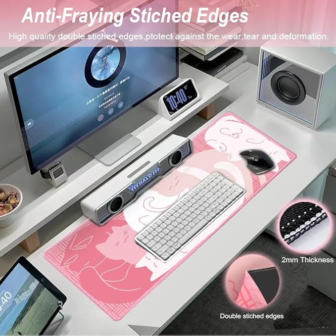 Gaming Mouse Pad XXL Extended Anime Mouse Pad 31.5x15.7 inch, Large Cute Kawaii Big Computer Mouse Mat Desk Pad with Non-Slip Rubber Base and Stitched Edge for Home Office-Pink Cat