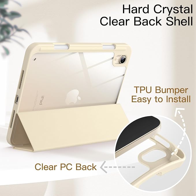 JETech Case for iPad mini (A17 Pro, 2024 Model, 7th Generation) / mini 6 (2021 Model, 6th Generation) with Pencil Holder, Clear Back Shell Slim Stand Tablet Cover, Auto Wake/Sleep (Starlight)
