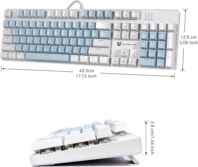 Qisan 104 Mechanical Keyboard for Gaming | Large Size USB White Backlit Gaming Keyboard Wired | US Layout Blue Switches Hot Swappable Mechanical Clicky Keyboards Compatible with PC & Laptop
