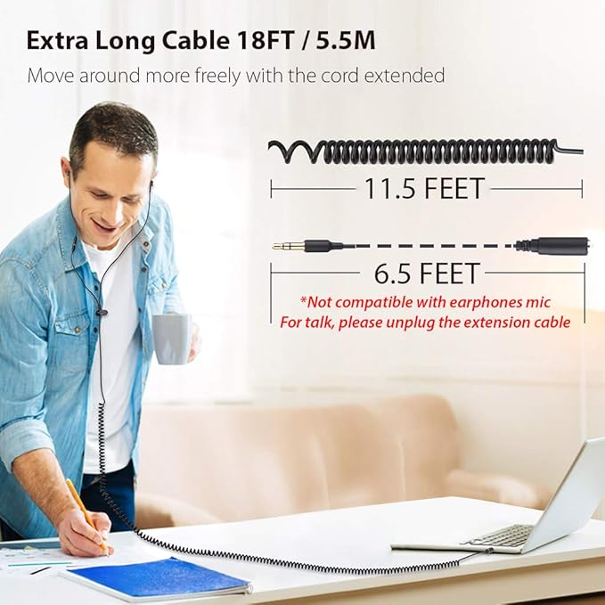 Avantree Long Cord Earbuds for TV & PC, 18ft / 5.5m Extension Cable Earphones with Mic & Extra Long Spring Coil Wire, Metal Stereo in-Ear Wired Bass Headphones for 3.5mm Audio Output Devices - HF027