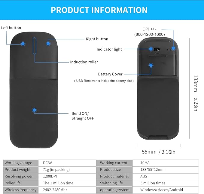 Wireless Foldable Mouse Folding Touch Mice (2.4G Wireless with USB Receiver)-Black