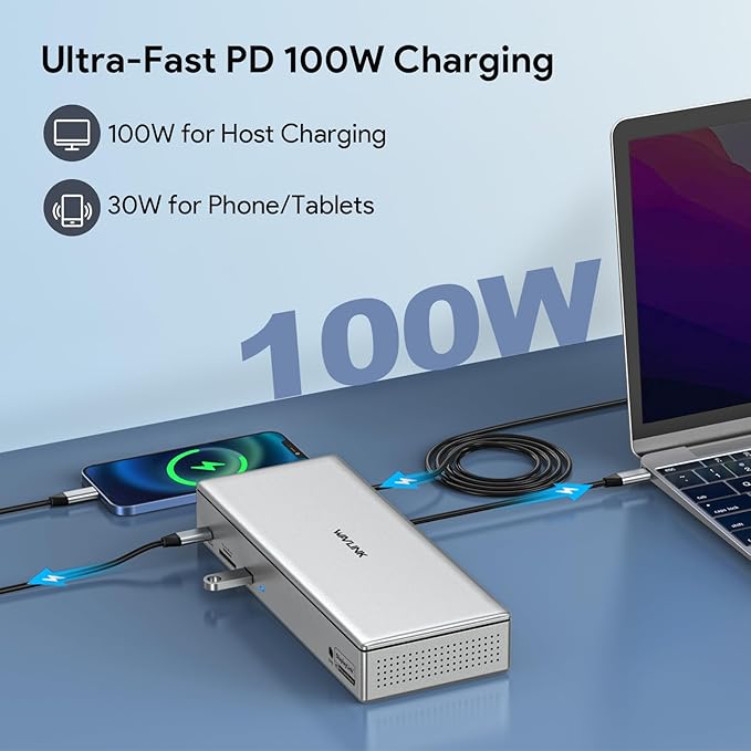 WAVLINK DisplayLink Laptop Docking Station - Quad Monitor 5K/4K @60Hz, 100W Charging - Thunderbolt 5/4, USB-C/A - M1-M5 Mac/Macbook Neo/Windows/Chrome- 4 HDMI, 4 DP, 180W Power, SD 4.0 CR, 2.5Gbps LAN