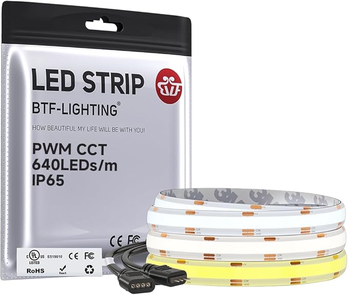 BTF-LIGHTING FCOB COB LED Strip CCT 3000K-6000K Tunable White IP65,UL Listed DC24V 9.8FT CRI 90+ Dimmable LED Tape Lights,640LEDs/m Dotless for Bedroom Kitchen Indoor Decor(No Adapter or Controller)