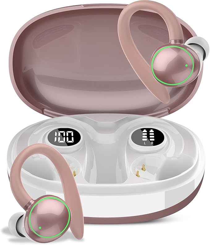 Wireless Earbuds, Bluetooth 5.4 Headphones Sport, Over Ear Buds With ENC Noise Cancelling Mic, 48H, Wireless Earphone With Earhooks, Stereo Deep Bass, IP7 Waterproof for Workout Running, Rose Gold