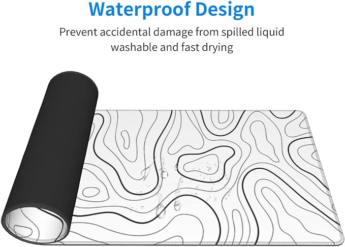White Extended Gaming Mouse Pad - 31.5 x 11.8 Inch Black and White Topographic Mouse Pad with Anti-Slip Rubber Base for Home Office