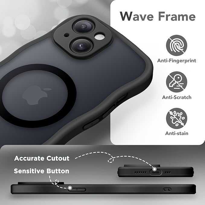 CAPRARO Cute for iPhone 15 Plus Case, Compatible with MagSafe, [Curly Wave Edge] [Full Camera Protection] [14 FT Drop Protection] Magnetic Phone Case for 15 Plus 6.7 Inch, Black