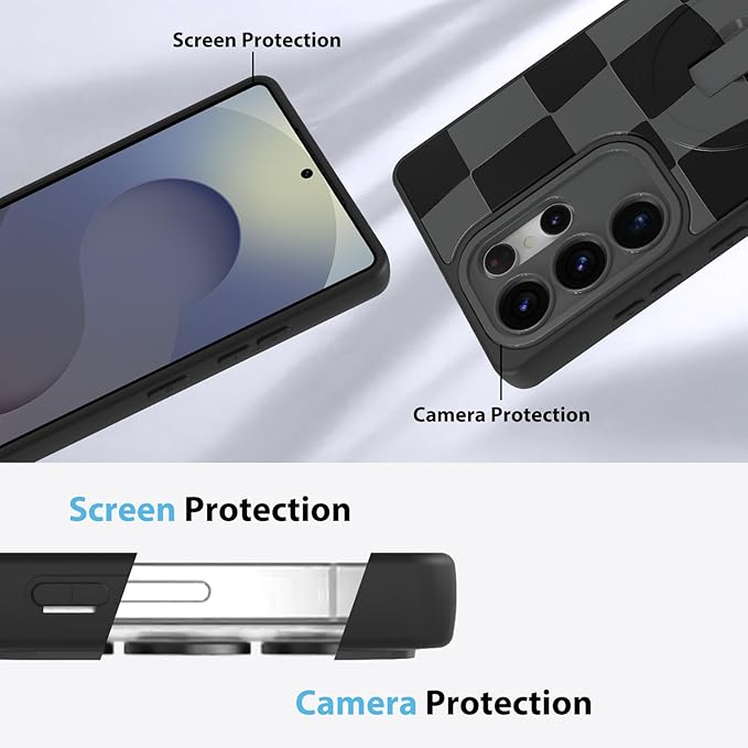 KANGHAR Compatible with Samsung Galaxy S25 Ultra Case, Support for MagSafe, Silicone Checkered Cute Pattern, Wristband Kickstand Camera Protection Soft Slim Cover for Girls Women -Black