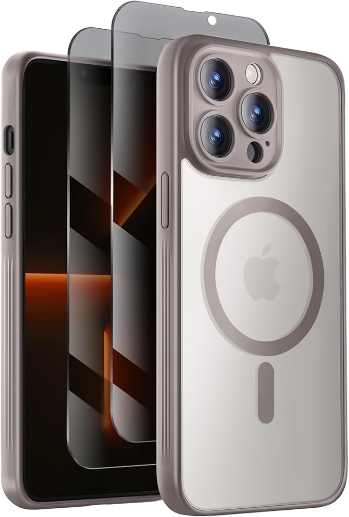 Symcele Designed for iPhone 13 Pro Case, Compatible with MagSafe, with Privacy Screen Protectors X2, [Camera Protection] [15FT Military Drop Protection] Shockproof Phone Case, 6.1", Natural Titanium