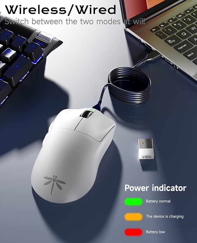 VGN Dragonfly F1 Pro Max Wireless Gaming Mouse, 130h Playtime Long Endurance, 55g Lightweight, PAW3395 26K DPI Flagship Sensor, 4000Hz Polling Rate Supported, Low Latency Esports Peripherals, White