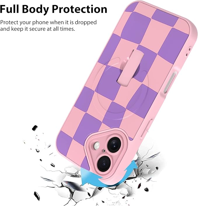 KANGHAR Compatible with iPhone 17 Case, Support for MagSafe, Silicone Checkered Cute Pattern, Wristband Kickstand Camera Protection Soft Slim Cover for Girls Women -Pink