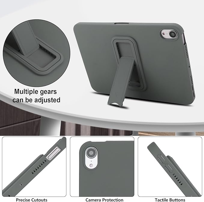 Case for iPad mini 7th & 6th Gen with Kickstand, Soft TPU + Hard PC Ultimate Delicate Touch Feeling Shockproof Protective Back Cover for iPad mini 7th 6th Women Men, Gray