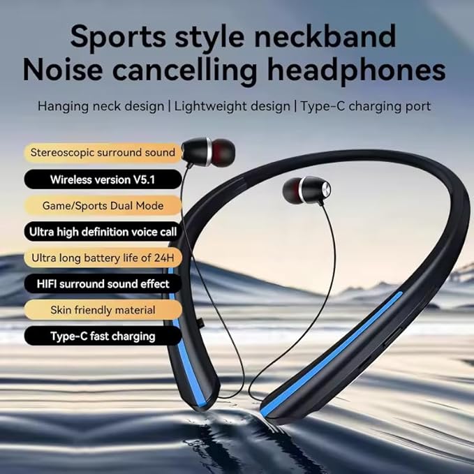 Neckband Bluetooth Headphones, 24H Battery with Auto-Retractable in-Ear Earbuds, HiFi Stereo Sound & Hybrid Active Noise Cancelling for Sports, Gym, Running, Workout, Hands-Free Calling（Blue）