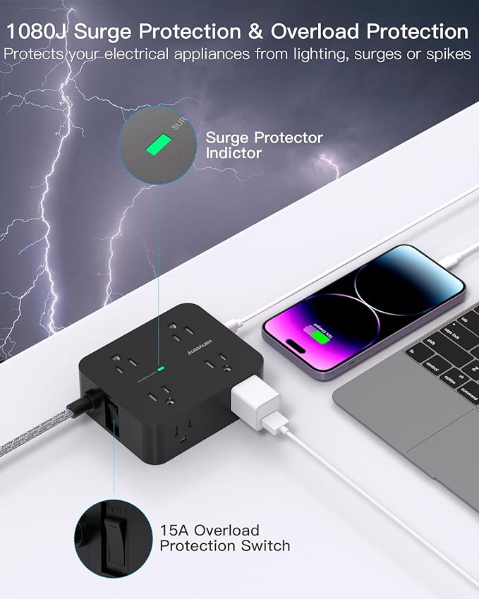Power Strip Surge Protector 10 Ft Cord, HANYCONY Extension Cord Flat Plug with 8 Outlets 4 USB Ports(2 USB C), Wall Mount, Desk Charging Sation for Home Offcie