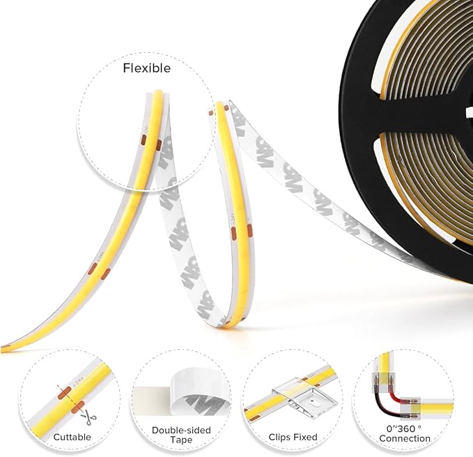 BTF-LIGHTING FCOB COB LED Strip Flexible High Density Uniform Light 9W/m 16.4FT DC24V Daylight White 5000K 480LEDs/m CRI 90+ 8mm IP67 Waterproof Width Dimmable LED Ribbon(No Adapter or Controller)