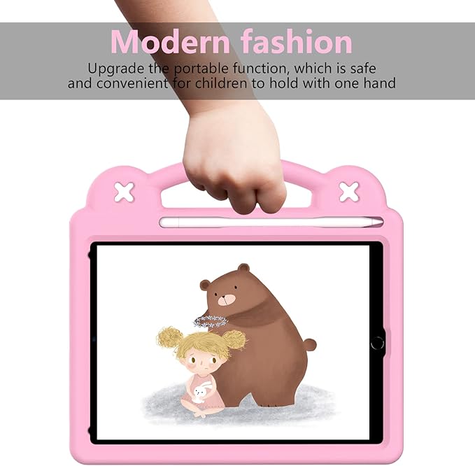 Dteck Kids Case for iPad 9.7 Inch 6th/5th Gen 2018/2017 & iPad Air 2/1 & iPad Pro 9.7,Strawberry Panda Shockproof Rugged Lightweight Pencil Holder Convertible Handles Stand Kids Friendly Case,Pink