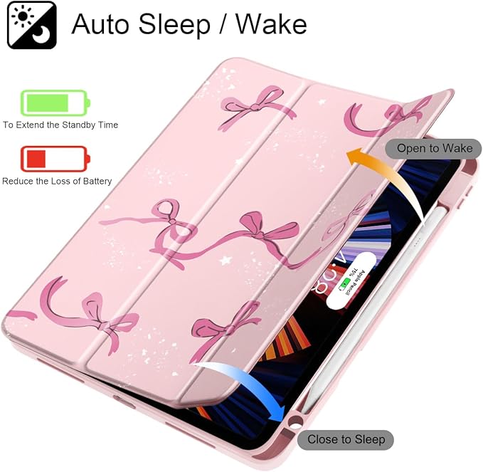 Tuiklol for iPad Pro 12.9 Inch 6th/5th/4th/3rd Generation 2022 2021 2020 2018 Case,Built-in Pencil Holder Clear Transparent Protective Back Shell Cover with Auto Sleep/Wake, Bow-Pink