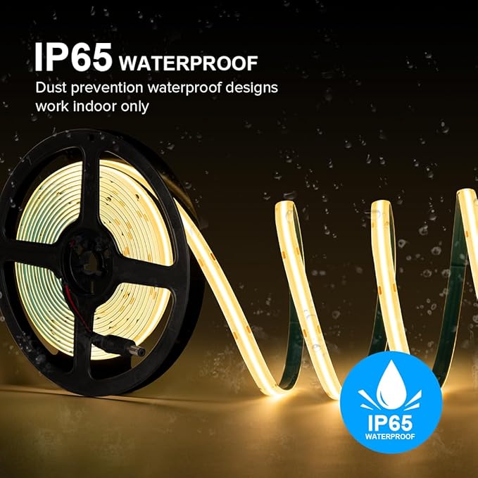 16.4FT IP65 Waterproof COB LED Strip 3000K 480LEDs/m Flexible High Density Uniform Bright LED Lights 9W/m, Dimmable 8mm DC12V COB Strips for Home Indoor Decoration, NO Power and Controller