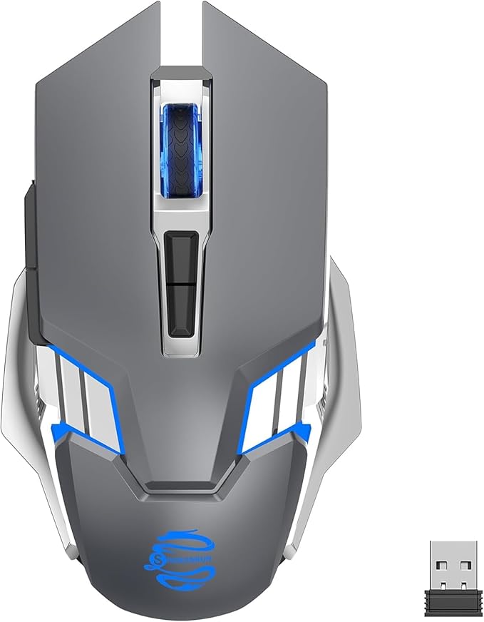 Bluetooth Gaming Mouse, RGB Rechargeable USB Wireless Mouse, Quiet Click, LED Backlit, Ergonomic, with Side Button, 6 Button, DPI Adjustable, Computer Mice for Laptop PC MacBook Chromebook - Grey