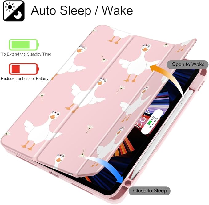 May Chen Case for iPad Pro 11-Inch M5/M4 2025/2024 (6th/5th Generation), [Penceil Holder] Trifold Stand Auto Wake/Sleep Clear TPU Protection Back Cover, Goose Flower