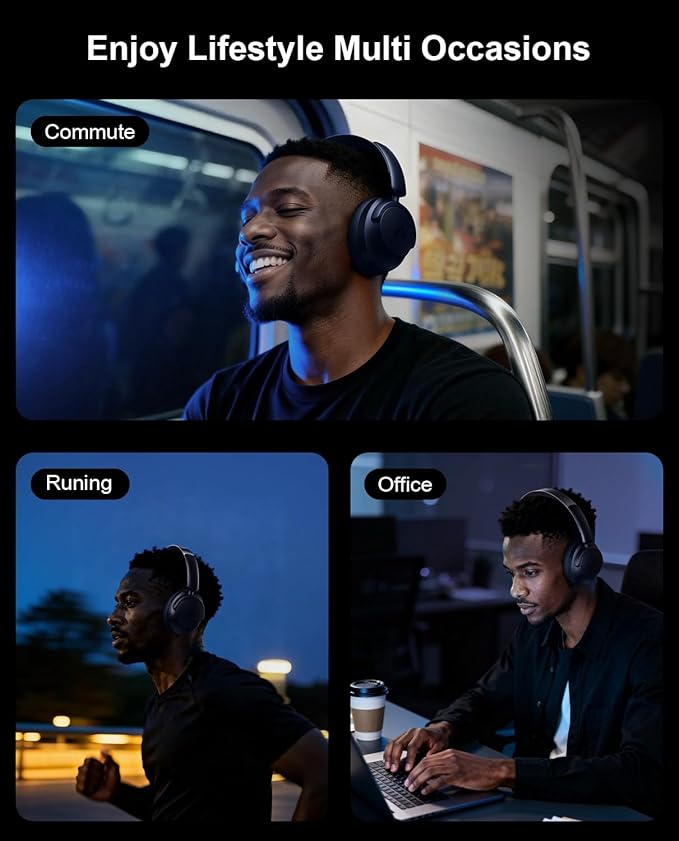 Hybrid Active Noise Cancelling Headphones, Over-Ear Bluetooth Headphone with Hi-Res Audio, 60H Playtime, Deep Bass, Transparency Mode, Foldable Comfort Ear Cups, Ideal gift for Travel Office - Navy