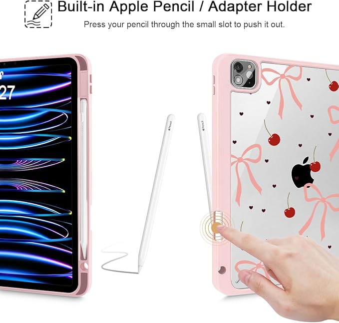Mektron Case for iPad Pro 11 inch (4th, 3rd, 2nd & 1st Gen) 2022 2021 2020 2018, Buit in Pencil Holder with Shockproof Cover Clear Shell + Auto Wake/Sleep, Pink Bows-Hearts