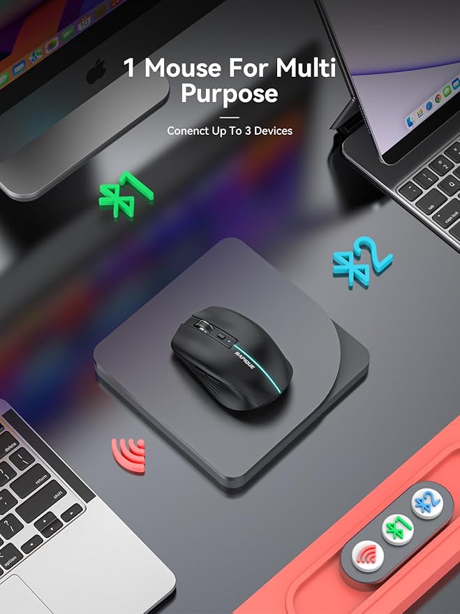 RAPIQUE Bluetooth Wireless Mouse - (BT1/BT2+USB) Tri-Mode High Performance, Rechargeable, Quiet Click, Multi-Device Compatibility for Laptop, Computer, MacBook, Tablet, PC (Black)