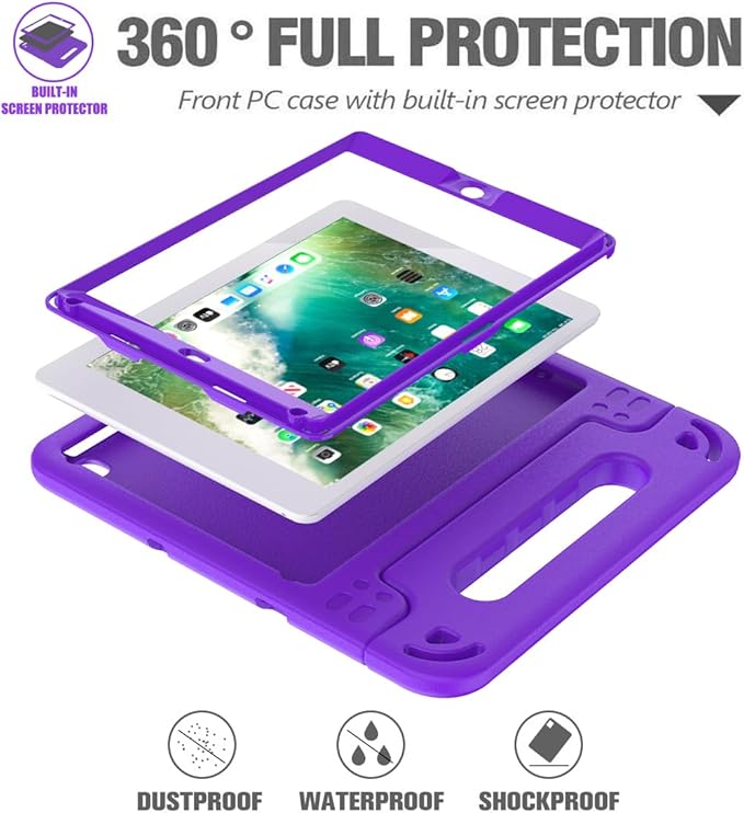 AVAWO Kids Case for iPad 9.7 2017/2018 & iPad Air 2 with Built-in Screen Protector - Light Weight Shock Proof Convertible Handle Stand Friendly Kids Cover for 9.7 iPad 5th & 6th Gen, Purple