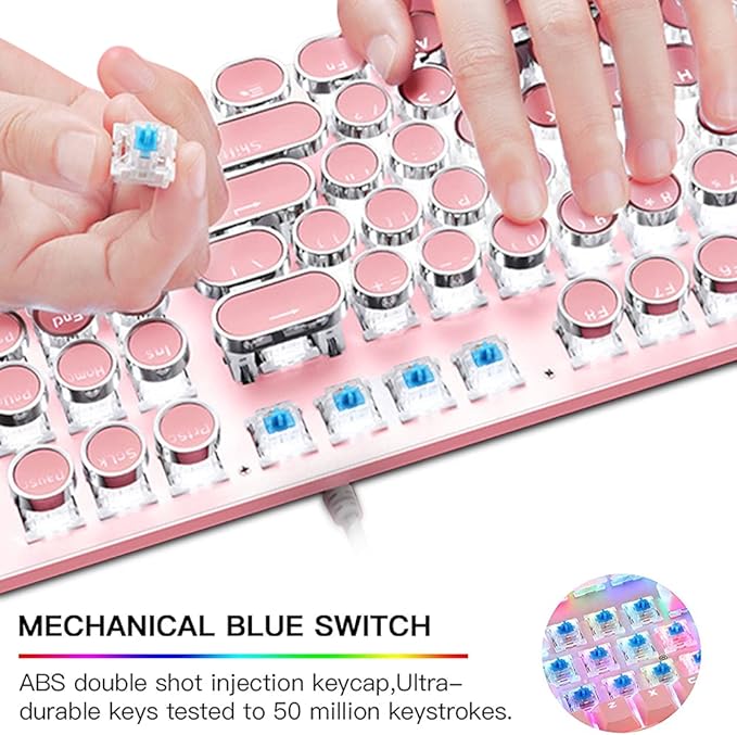 Pink Typewriter Keyboard and Mouse,Retro Vintage Mechanical Gaming Keyboard with White LED Backlit,104 Keys Anti-Ghosting Blue Switch Wired Cute Keyboard,Round Keycaps for Desktop PC/Laptop Mac