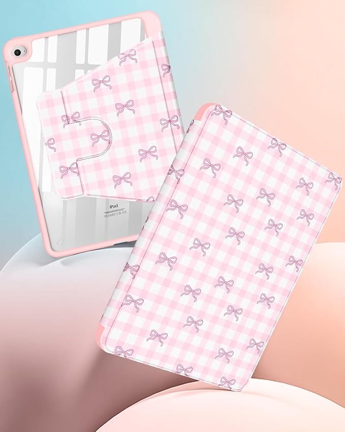 Uppuppy for iPad mini 4 Case for iPad mini 5th Generation Case - 360 Rotating Stand Folio Smart Cover with Pencil Holder for Women Girls, Pink Bow Checkered for Apple Tablet Mini 7.9 inch 2019/2015