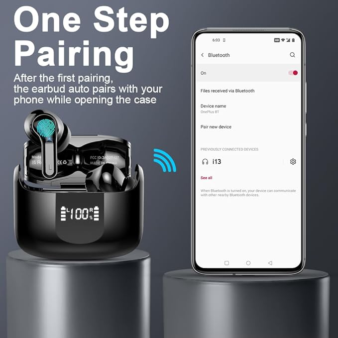 Wireless Earbuds, Bluetooth 5.3 Headphones 2025 NEW Ear Buds 40H Bass Stereo in-Ear Earphones ENC Noise Cancelling Earbuds with 4 HD Mic, USB-C LED Display IP7 Waterproof Sport Headset for Android iOS