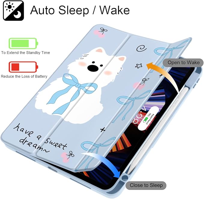 May Chen for iPad Pro 13 Inch Case M5 2025 / M4 2024, Built Pencil Holder & Clear Transparent Print Back Shell Slim Stand Shockproof Tablet Cover, Auto Wake/Sleep, Blue Bows Dog