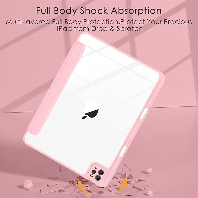 Soke Case for iPad Pro 12.9 Inch (6th/5th/4th/3rd Generation, 2022/2021/2020/2018) - Pencil Holder + Auto Sleep/Wake + Camera Protection, Transparent Shockproof Back Cover, Pink