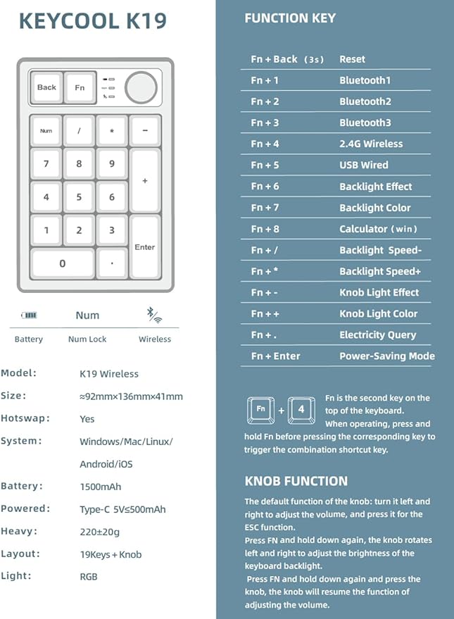 Wireless Mechanical Numpad Barebones Kit, Gasket Programmable Macro Numeric Keyboard DIY, 19-Key Custom Number Pad with Metal Volume Knob, Hot Swappable, RGB Backlit, NKRO for Win/Mac, White