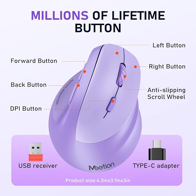 MEETION Ergonomic Mouse, Wireless Vertical Mouse RGB Backlit, Rechargeable Mice for Bluetooth(5.2+3.0) & USB-A with USB-C Adapter, 4 Adjustable DPI Compatible Mac/Windows/Andriod/PC/Tablet/iPad Purple