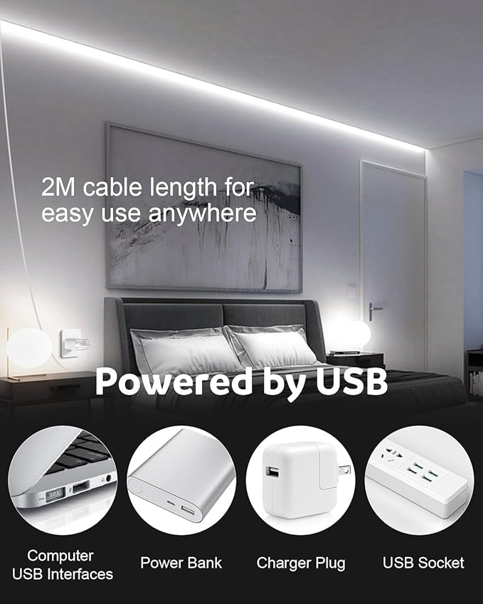Aclorol USB COB LED Strip Lights for TV 5V USB Powered LED Tape Lights Daylight White 6.56FT 320Leds/M 6000K COB Flexible Light Strip TV Led Backlight for Bedroom Under Cabinet Kitchen DIY 400LM/m