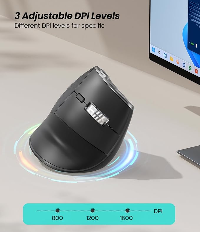 Nulea M510 Vertical Mouse Wireless, Ergonomic Mouse for Comfy Tracking, 3 Adjustable DPI (800-1200-1600), 2.4G Wireless Vertical Mouse with 6 Buttons, Compatible with Windows, Mac OS, Laptop, PC, Grey