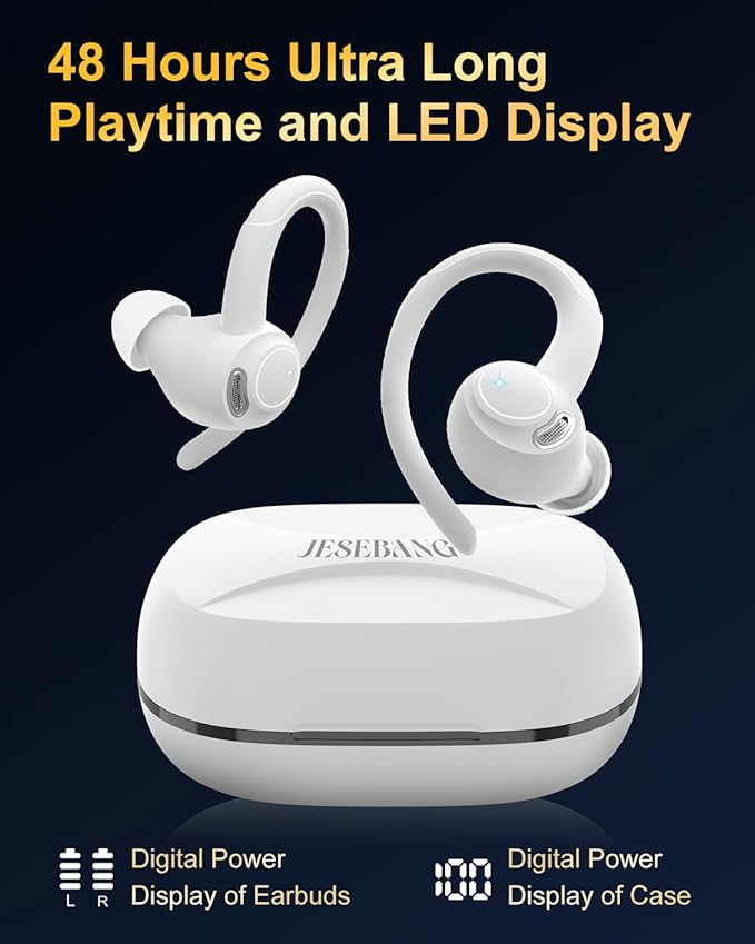 Wireless Earbuds, Bluetooth 5.4 Headphones Sport, Over Ear Buds With ENC Noise Cancelling Mic, 48H, Wireless Earphone With Earhooks, Stereo Deep Bass, IP7 Waterproof ear bud for Workout Running, White
