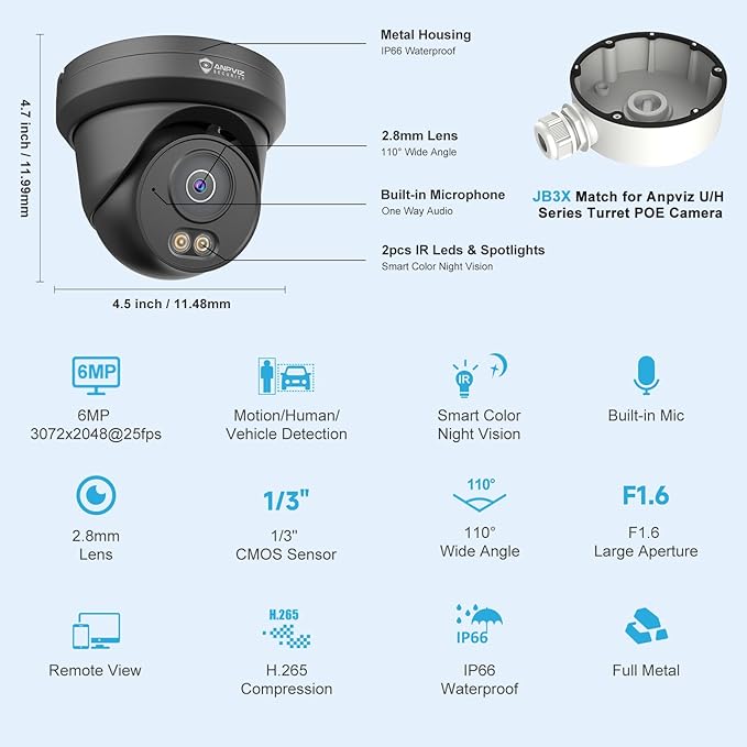 Anpviz 6MP PoE IP Camera Black, 3K Full Metal Turret Security IP Camera Outdoor Wired, Smart Dual Light Color Night Vision, AI Human Vehicle Detection, Built-in Mic, NDAA, IPC-D3B63B-S (U Series)