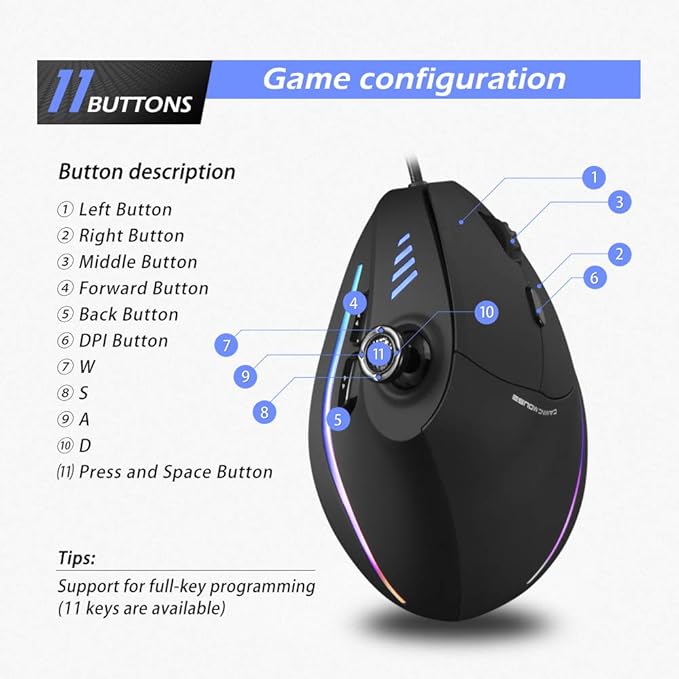 Vertical Mouse, Ergonomic USB Wired Vertical Mouse with [5 D Rocker] [10000 DPI] [11 Programmable Buttons], RGB Gaming Mouse for Gamer/PC/Laptop/Computer