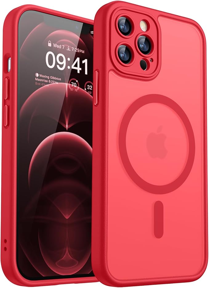CANSHN Magnetic Compatible with iPhone 12 Pro Max Case, Upgraded [Full Camera Protection] [Compatible with Magsafe] [Translucent Matte] Shockproof Protective Phone Cover 6.7 Inch - Red