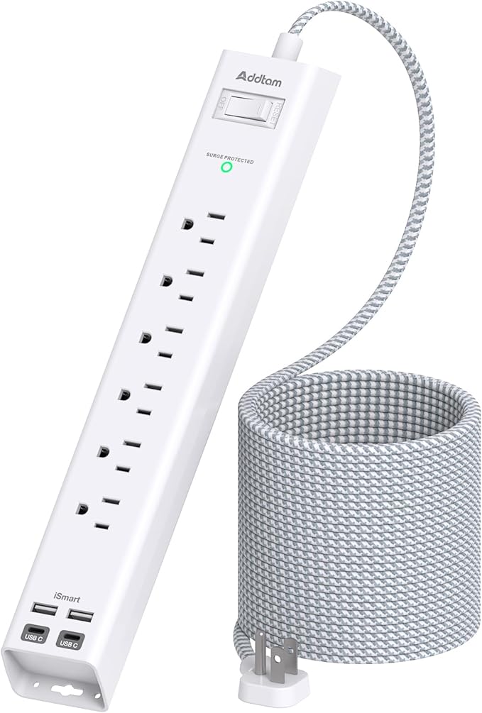 Addtam 20ft Extra Long Power Strip Surge Protector, 6 Outlets and 4 USB Ports (2 USB C), Ultra Flat Plug Wall Mount, Multi Plug Outlet Extender Desktop Charging Station for Home, Office, Garage