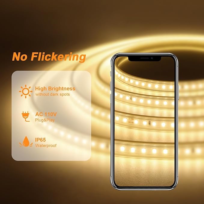 LED Strip Lights - 1200LEDs Waterproof Rope Lighting, 3000K Warm White, 110V for Indoor & Outdoor Garden, Patio, Bedroom, Kitchen, Living Room