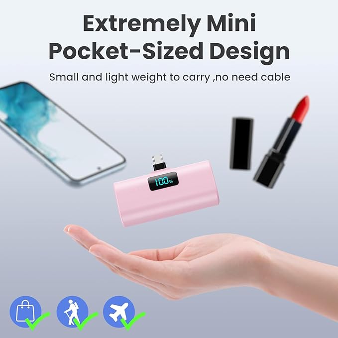 [2-Pack]Portable Charger for iPhone 16/15 Series,5200mAh PD USB C Power Bank Built-in USB-C Connector,Battery Pack Compatible with iPhone 16/16 Plus/16 Pro/16 Pro Max/15 Series,Android (Black+Pink)