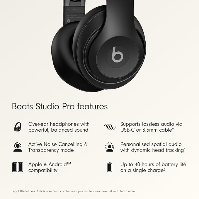 Beats Studio Pro Premium Wireless Over-Ear Headphones- Up to 40-Hour Battery Life, Active Noise Cancelling, Great for Travel & Commuting, USB-C Lossless Audio, Apple & Android Compatible -Black