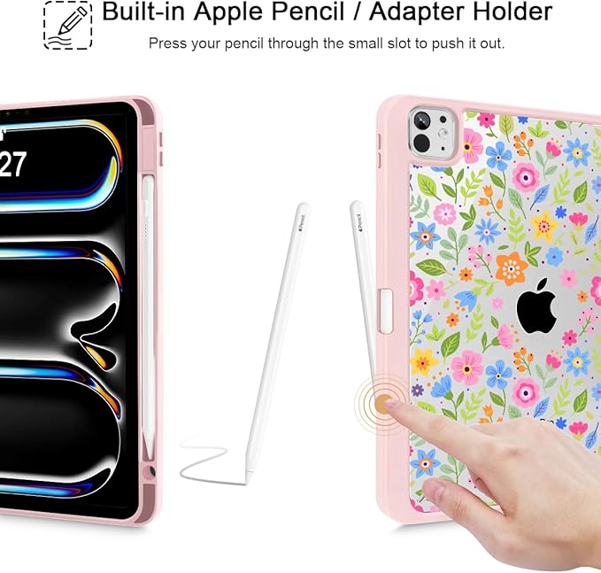 May Chen Case for iPad Pro 11-Inch M5/M4 2025/2024 (6th/5th Generation), Clear Transparent Print Back Shell Slim Stand Shockproof Tablet Cover, Auto Wake/Sleep, Small Flowers