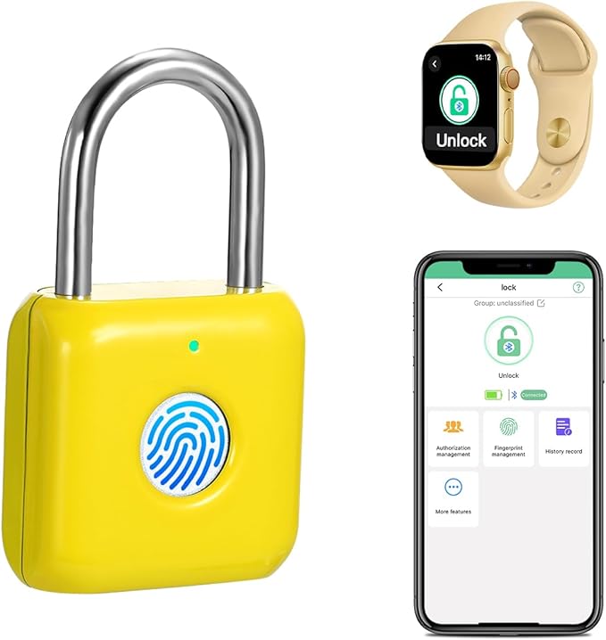 Fingerprint Padlock eLinkSmart Gym Locker Lock with Phone App iOS Watch Metal Keyless Combination Locks for School Sports Locker Hasp Storage Backpack Suitcase Yellow